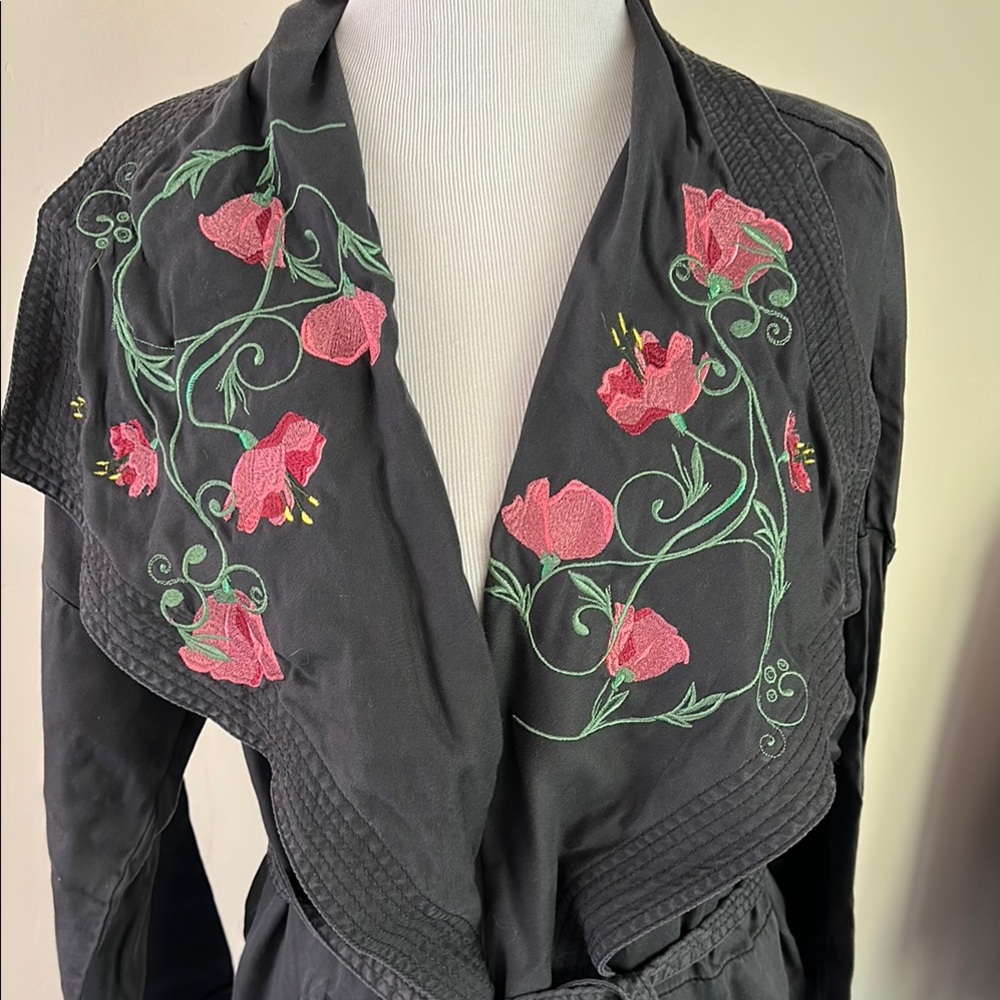 Anthropologie HEI-HEI trench grayish:black Jacket with Pink Floral Embroidery